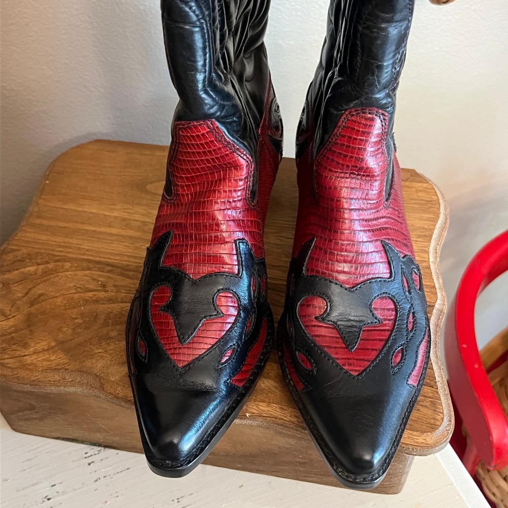 Flings Sundance Vintage Western Boots Red Black Lizard Print Leather Brazil 7.5 - Picture 3 of 8